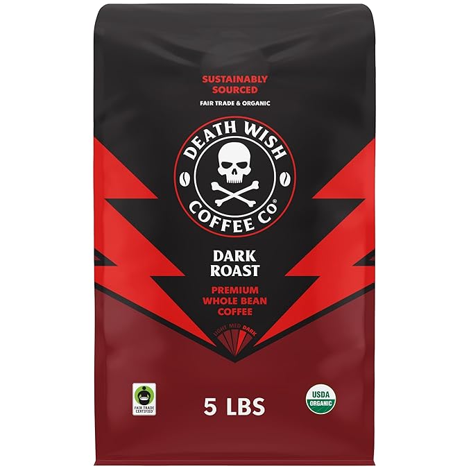 Death Wish Coffee Whole Bean Dark Roast - Extra Kick of Caffeine - USA Organic Coffee Beans - Fair