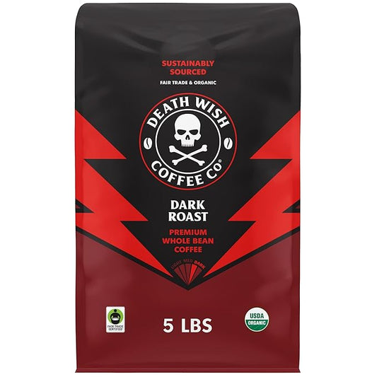 Death Wish Coffee Whole Bean Dark Roast - Extra Kick of Caffeine - USA Organic Coffee Beans - Fair