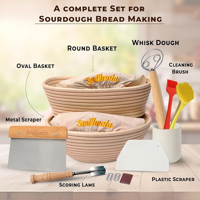 Set of 2 Banneton Bread Proofing Basket with linen Liner, 9" Round & 10" Oval bread basket with 9