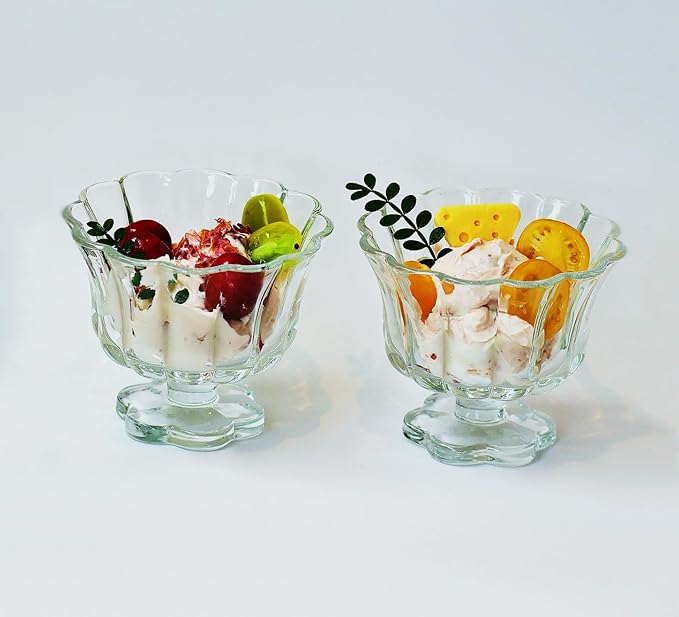 Ice Cream Bowls Drinking Glass Cups Set of 2 (Transparent), Flower Petal Style Glasses, 8.5oz