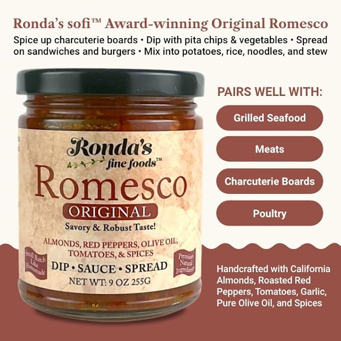 Romesco Dip, Spread, Topping & Sauce ??Thick, Small-Batch Romesco with Almonds, Pure Olive Oil, Red