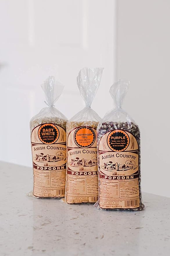 Amish Country Popcorn | 3-1 lb Bags | 1 lb Baby White, 1 lb Ladyfinger, and 1 lb Purple Popcorn