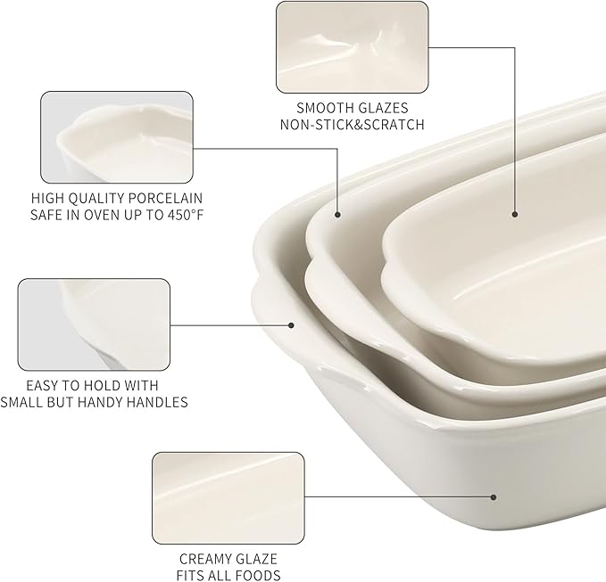 3-Pack Ceramic Baking Dishes Set,Heavy-Duty Oven-Safe Stoneware,Deep Rectangular Casserole Pans for
