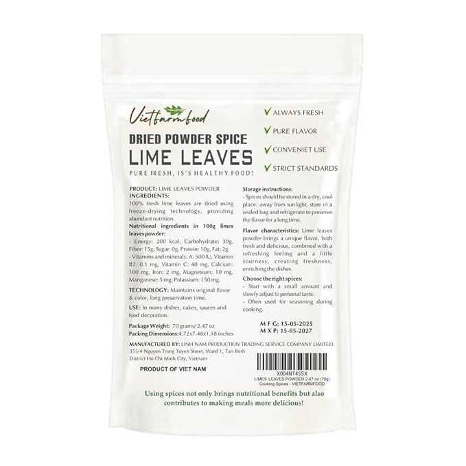 LIME LEAVES POWDER 2.47 Oz (70g) VIETFARMFOOD: Pure, natural freeze-dried spice made from real