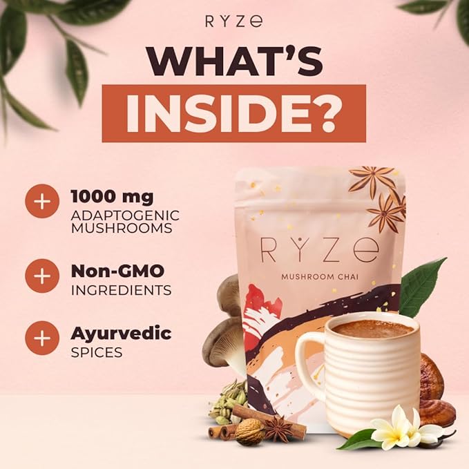 RYZE SUPERFOODS Mushroom Chai with 6 Organic Adaptogenic Mushrooms for Better Energy, Focus