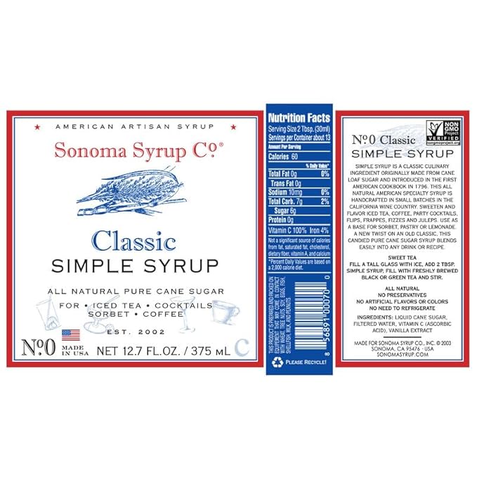 Sonoma Syrup Co. Classic Simple Syrup 12.7 fl oz | for Coffee, Cocktails, and Cooking | Hand