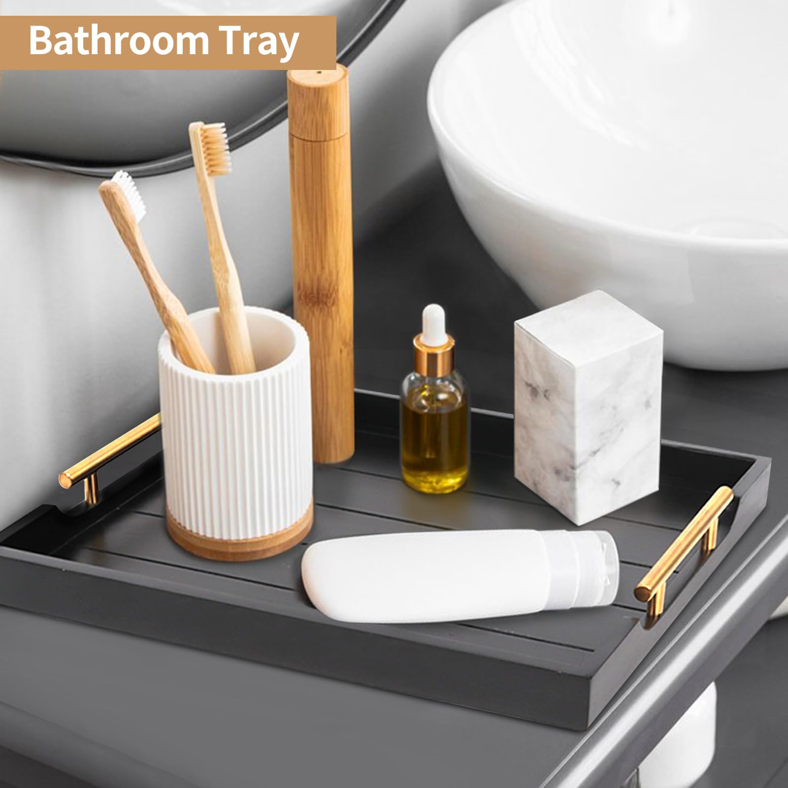 SXNOWS Wood Serving Tray with 2 Sets of Handles,Black