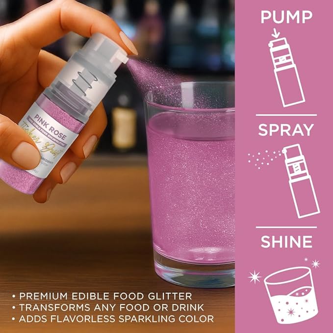 Bakell - Pink Rose Tinker Dust (4g, 1x Mini Spray Pump) Edible Glitter for Food, Desserts, and
