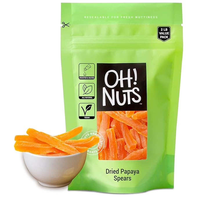 Oh! Nuts Dried Papaya Spears - 2 lb - Dried Fruit Spears - Less Sugar Added - Dehydrated Fruit