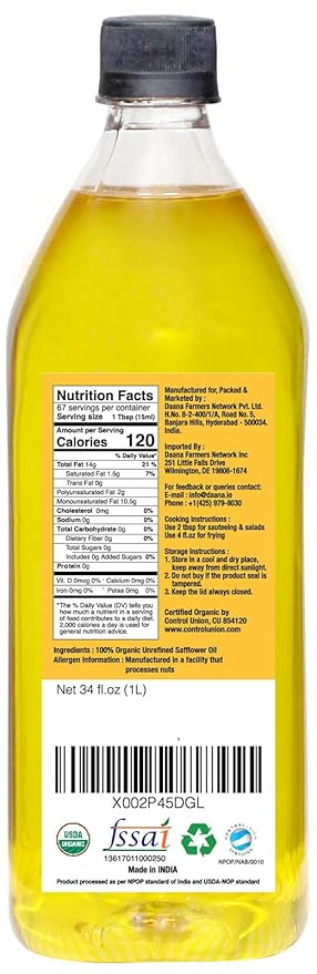 Daana Safflower Oil: Certified USDA Organic, Extra Virgin, Cold Pressed, High Oleic (34 Fl oz)
