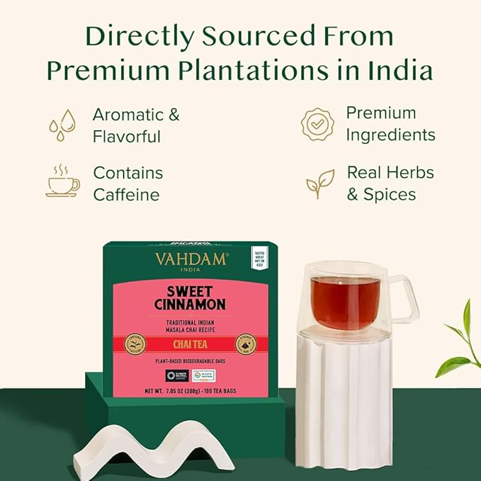 VAHDAM, Sweet Cinnamon Tea | 100 Tea Bags | 100% Natural Spices | Cinnamon Masala Chai Tea Recipe |