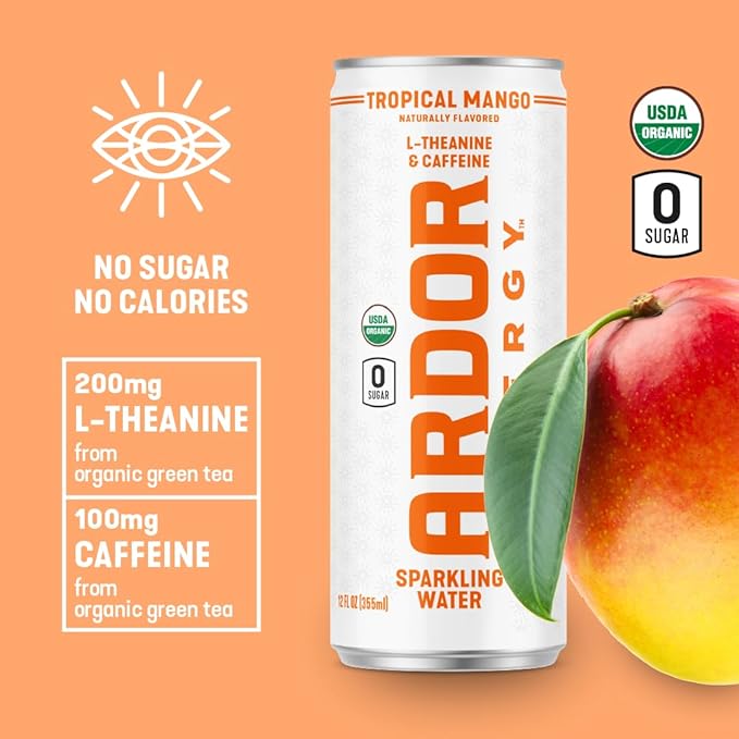 ARDOR ENERGY Sparkling Water with 100mg Natural Caffeine & 200mg L-Theanine from Organic Green Tea