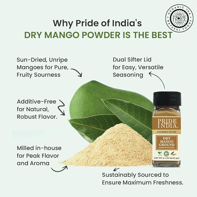 Pride of India | Dry Mango Powder 2.2 oz (62.36 gm) Small Dual Sifter Bottle | Amchur for Flavor