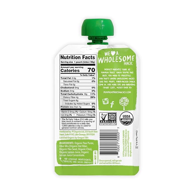 Pumpkin Tree Organics Fruit Snack Pouch, Pear + Fiber + A Squeeze of Lemon, 3.5 Ounce (Pack of 10)