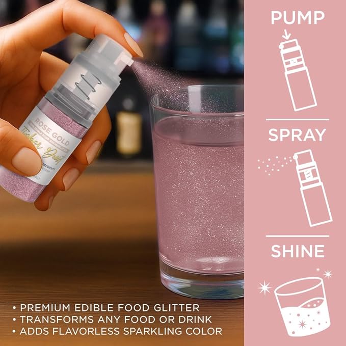 Bakell - Rose Gold Tinker Dust (4g, 1x Mini Spray Pump) Edible Glitter for Food, Desserts, and