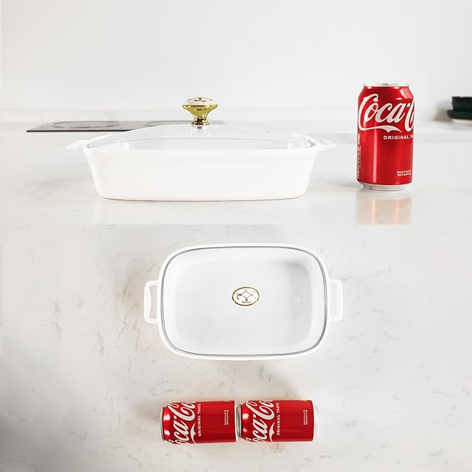 10" x 7" Ceramic Rectangular Casserole Dish with Glass Lid, 1.3 Quart White Serving Soup