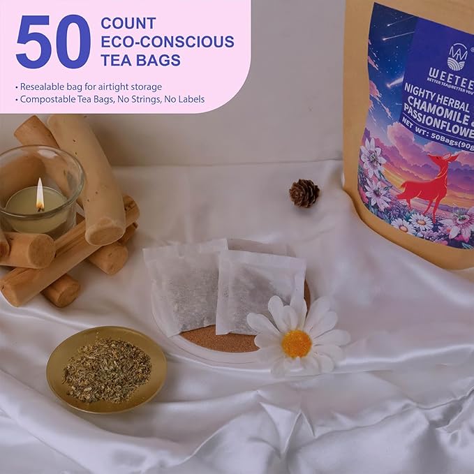 WT WEETEE Chamomile & Passionflower Nighty Herbal Tea Bags 50 Counts, Includes Spearmint, Valerian