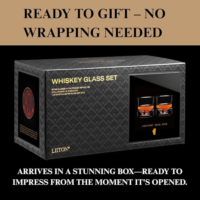Lake Tahoe Heavy Crystal Whiskey Glasses Gift Set of 2, Thick Freezable Bourbon Glass 1lb Each