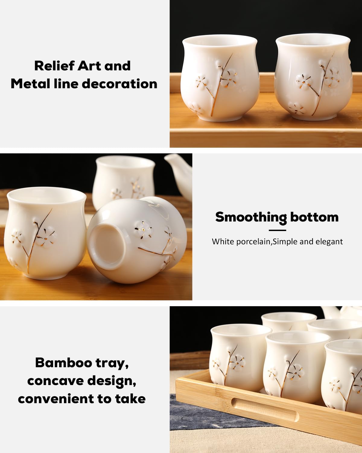 Dujust Japanese White Porcelain Tea Set - Teapot, 6 Tea Cups, Tray & Stainless Infuser - Plum in