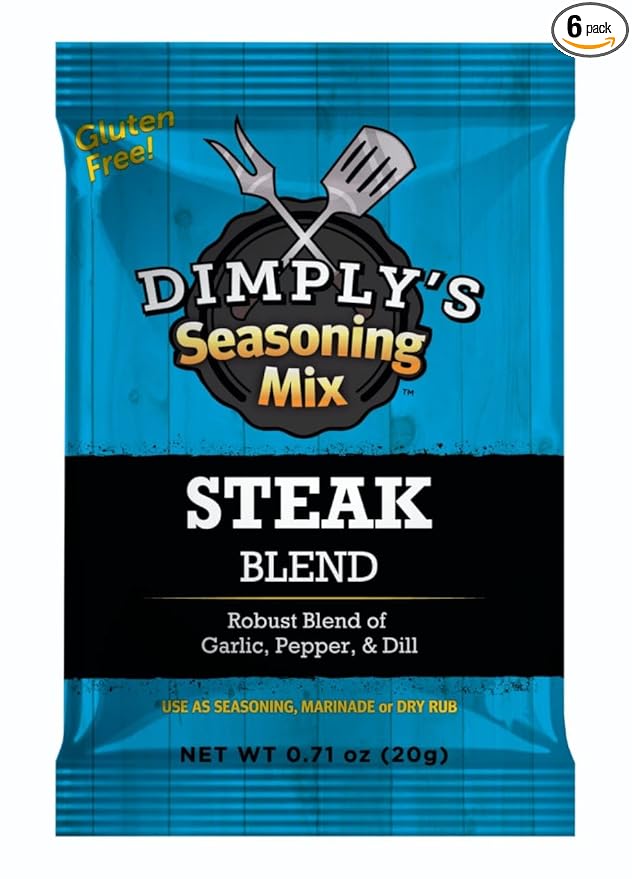Dimply's Steak Seasoning Mix – 6 Pack, Single Serve Dry Rub and Marinade – Garlic Pepper Dill Blend