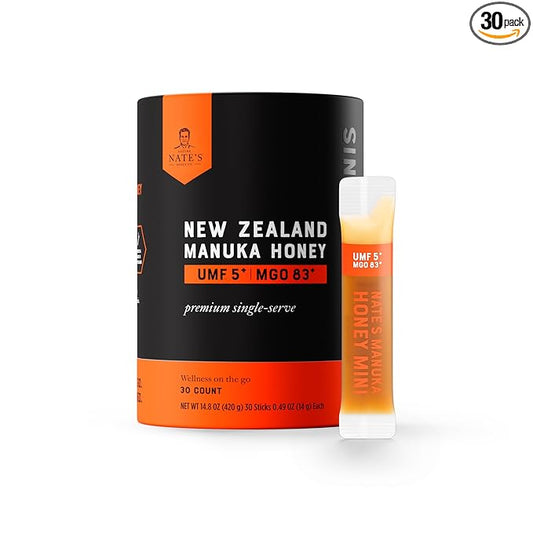Nate's Manuka Honey Minis - 30 count Single-serve, Pure Manuka Honey - MGO 83+ | UMF 5+ Certified