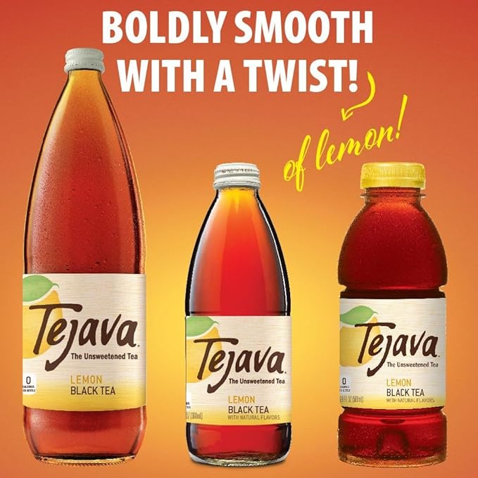 Tejava Lemon Black Iced Tea, 12 Pack, 16.9oz PET Bottles, Unsweetened, Non-GMO, Kosher, No Sugar or