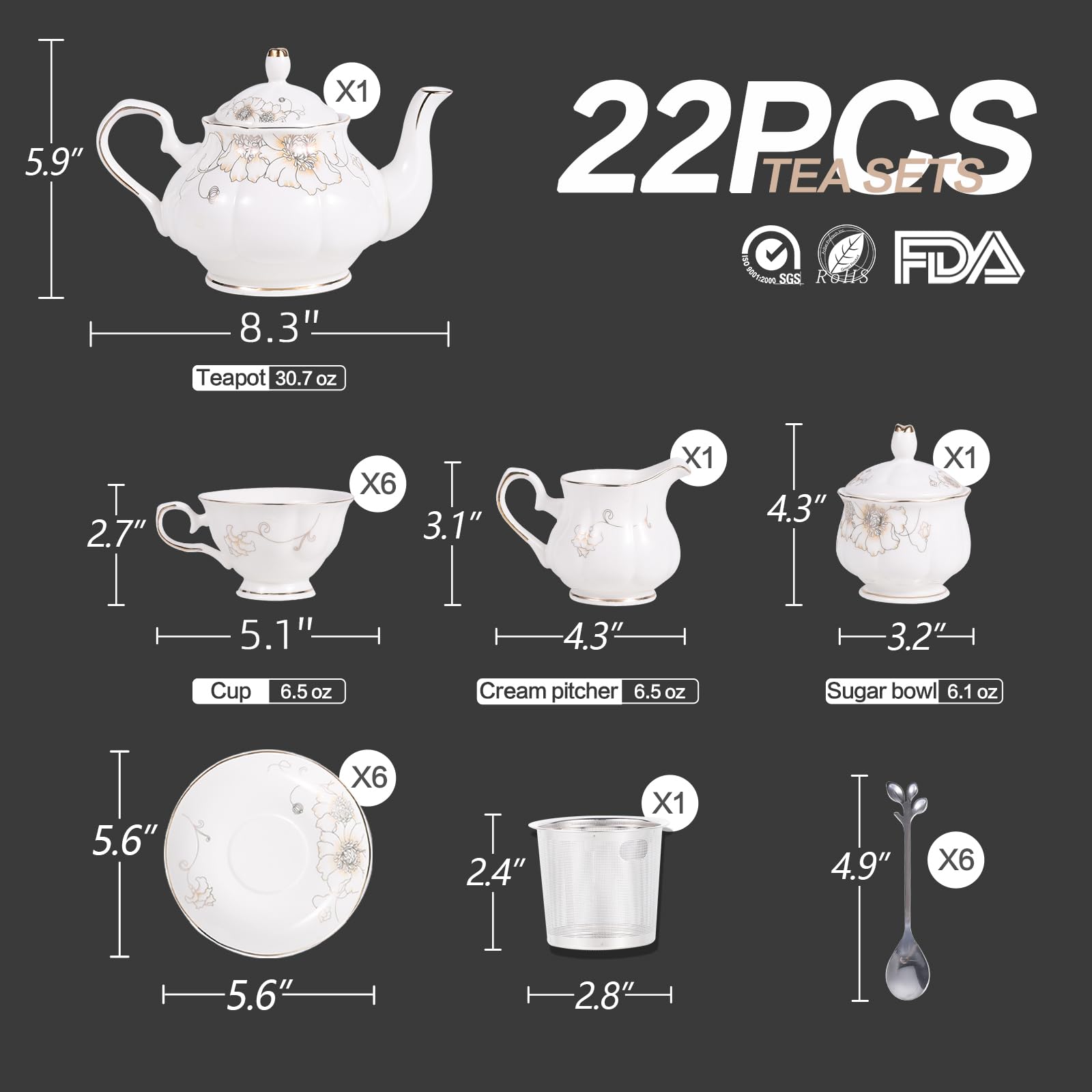 CHENP.HMC Tea Set 22-Piece Porcelain Ceramic Coffee(Chrysanthemum)
