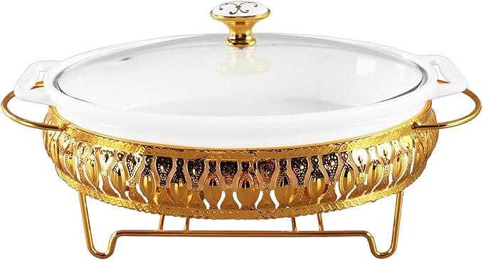 10" x 7" Ceramic Oval Casserole Dish with Glass Lid and Gold rack, 30 Ounce White Serving Soup