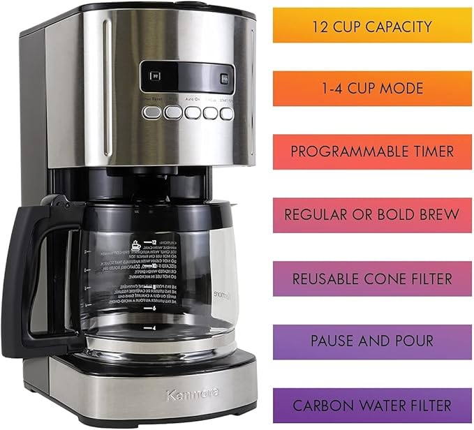 Kenmore Drip Coffee Maker - 12 Cup Programmable Cafe Machine With Glass Pot, Regular & Bold Brew