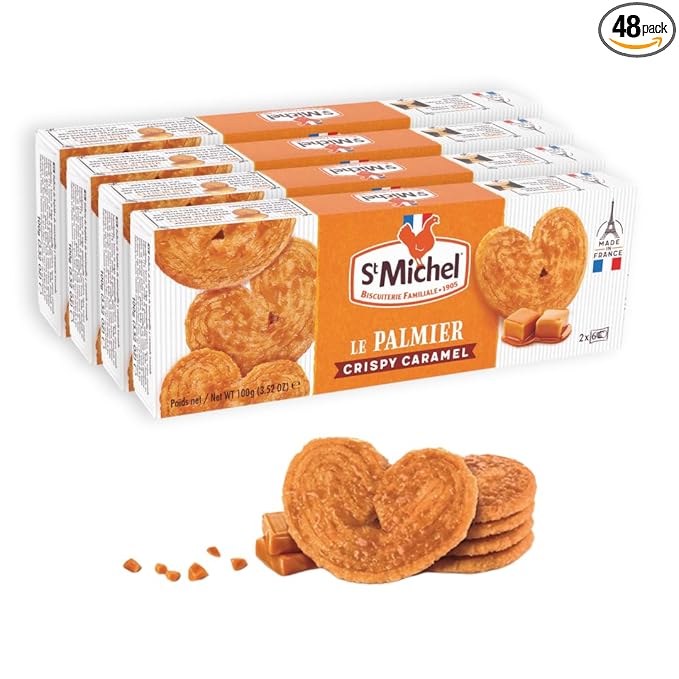 St Michel Caramel Palmiers Biscuits Made In France, pack of 4 (100g each) Non-GMO. Total of 48