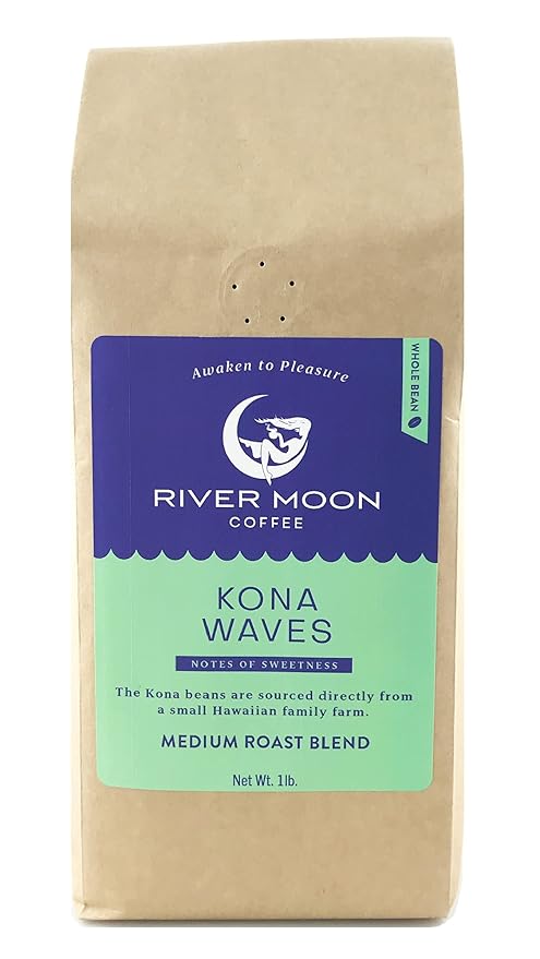 River Moon Coffee, Kona Coffee Whole Bean, Medium Roast, 16 Ounce, Kona Waves Hawaiian Blend