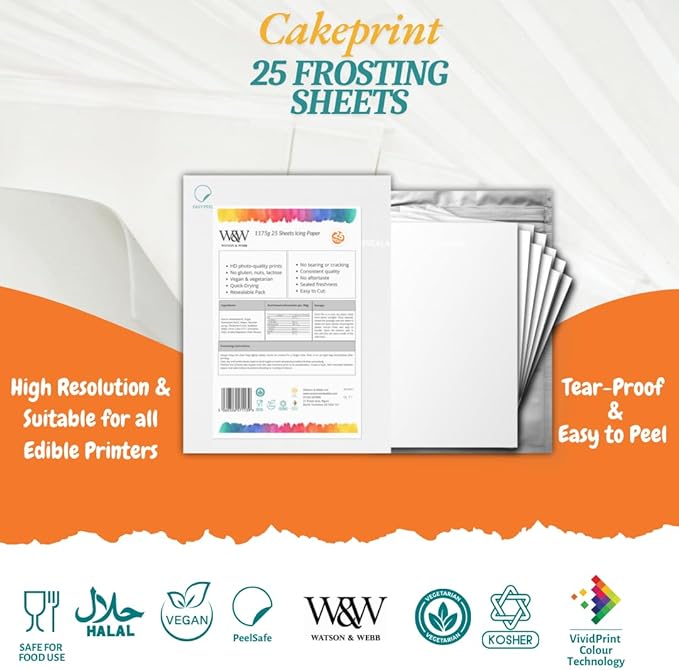 Watson & Webb Edible Frosting Sheets 8.5" x 11" – 25 Count Printable Icing Paper for Cakes &