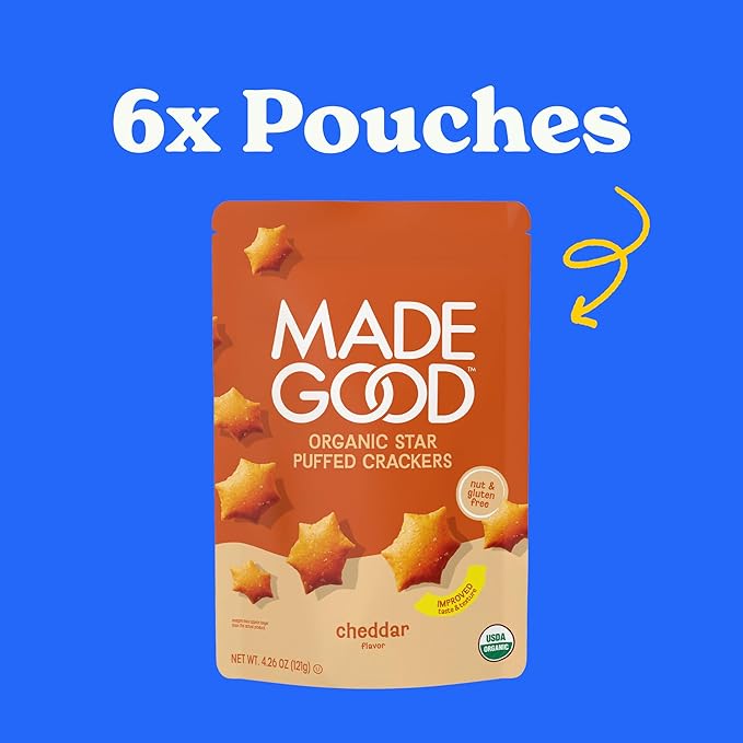 MadeGood Cheddar Star Puffed Crackers (6 Bags - 4.26 Oz Each) Gluten Free and Organic, Healthy