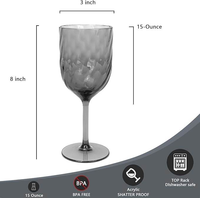 Yalin Set of 6 Unbreakable 15 oz Acrylic Plastic Wine and Water Tumbler Stackable Goblets. (Gray