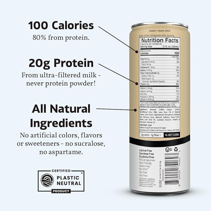 Slate Milk - High Protein Iced Coffee - Sweet Cream Latte - 175mg Caffeine, Lactose Free Energy