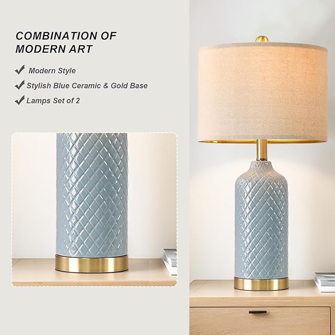 24.25" Table Lamps Modern Ceramic Blue Lamps for Living Room Farmhouse Bedside Lamps Boho Lamps for