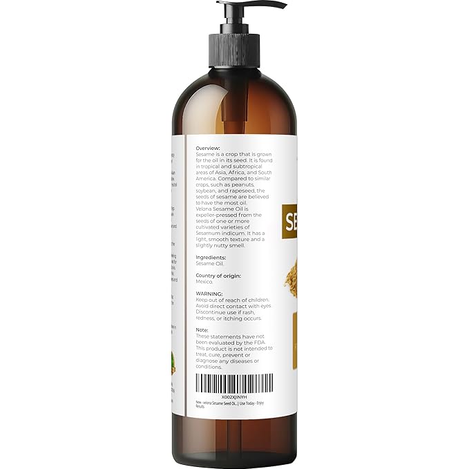 Sesame Seed Oil by Velona - 8 fl oz | 100% Pure and Natural Carrier Oil | Refined, Expeller Pressed