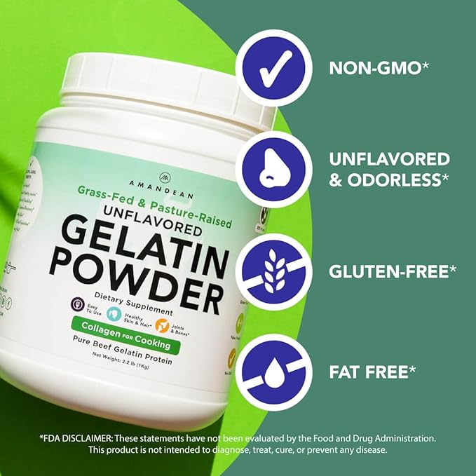 AMANDEAN Premium Gelatin Powder XL. Grass-Fed Beef Collagen Protein Supplement. Unflavored. Healthy