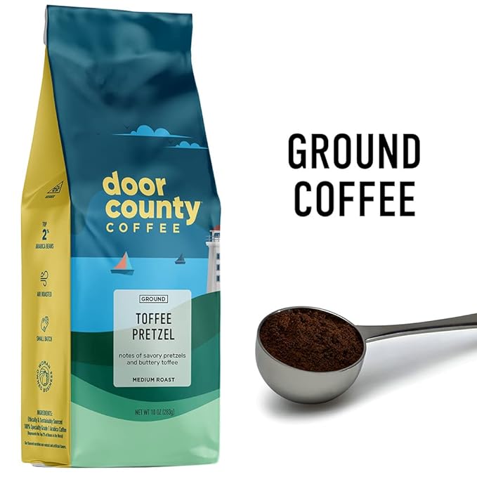 Door County Coffee Toffee Pretzel Flavored Ground Coffee - 10 oz Bag - Medium Roast - 100%