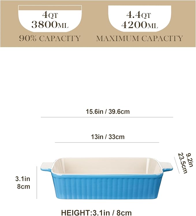 MALACASA 4.4 QT Baking Dish, 9x13 Large Casserole Dish for Oven, Ceramic Baking Pan, Rectangular