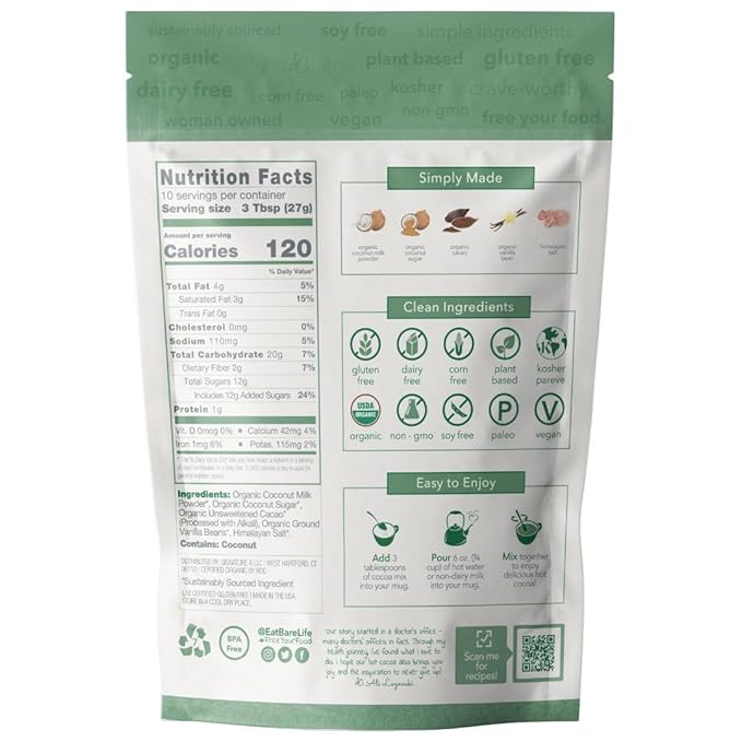 Bare Life: Dairy Free Coconut Hot Cocoa Mix Pouch | Gluten Free, Vegan, USDA Organic, Plant Based