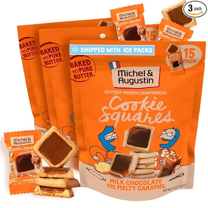 Michel et Augustin Cookies, Individually Wrapped Snacks, 3 Pack, Gourmet Milk Chocolate & Caramel