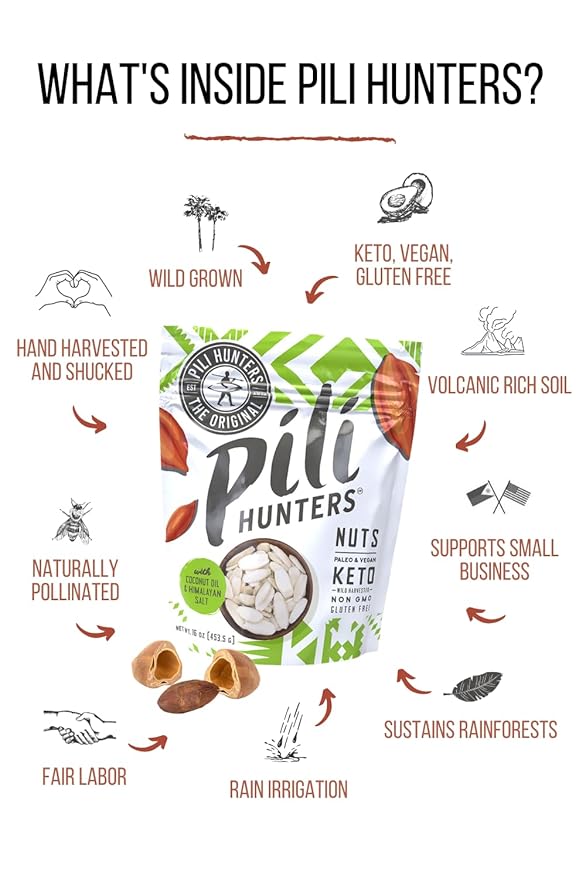 Pili Hunters - Wild Sprouted Pili Nuts, Coconut Oil and Himalayan Salt (5oz Bag) Keto/Paleo/Vegan