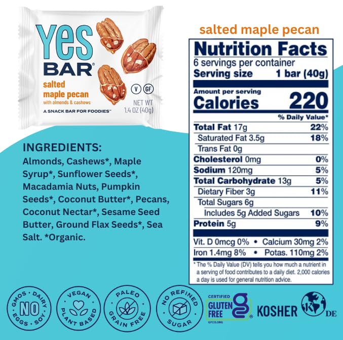 The YES Bar ??Salted Maple Pecan ??Plant Based Protein, Decadent Snack Bar ??Vegan, Paleo, Gluten