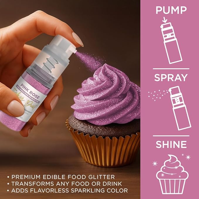 Bakell - Pink Rose Tinker Dust (4g, 1x Mini Spray Pump) Edible Glitter for Food, Desserts, and