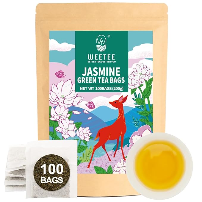 WT WEETEE Jasmine Green Tea Bags, 100 Count Jasmine Scented Green Tea, Refreshing & Relaxing, No