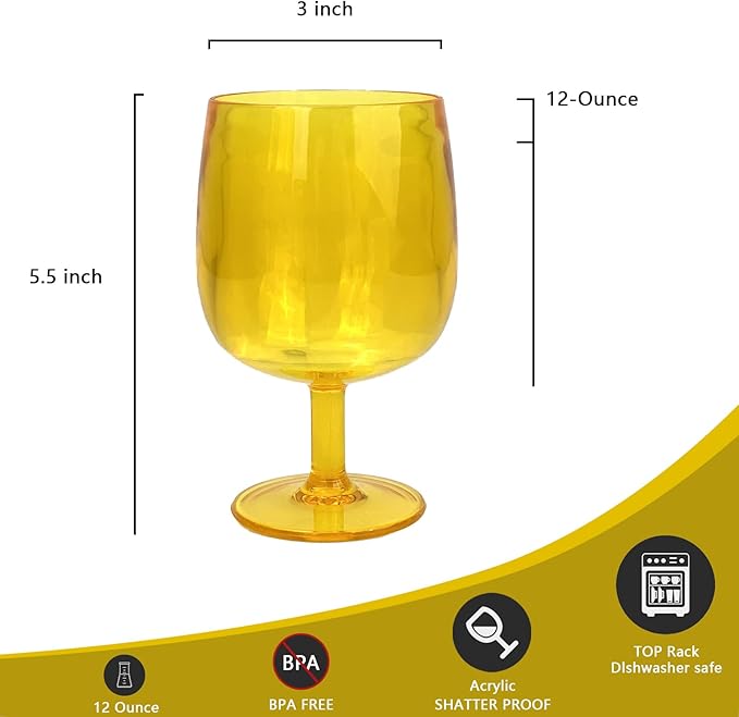 Yalin Set of 6 Unbreakable 12 oz Acrylic Plastic Wine and Water Tumbler Stackable Goblets. (Yellow