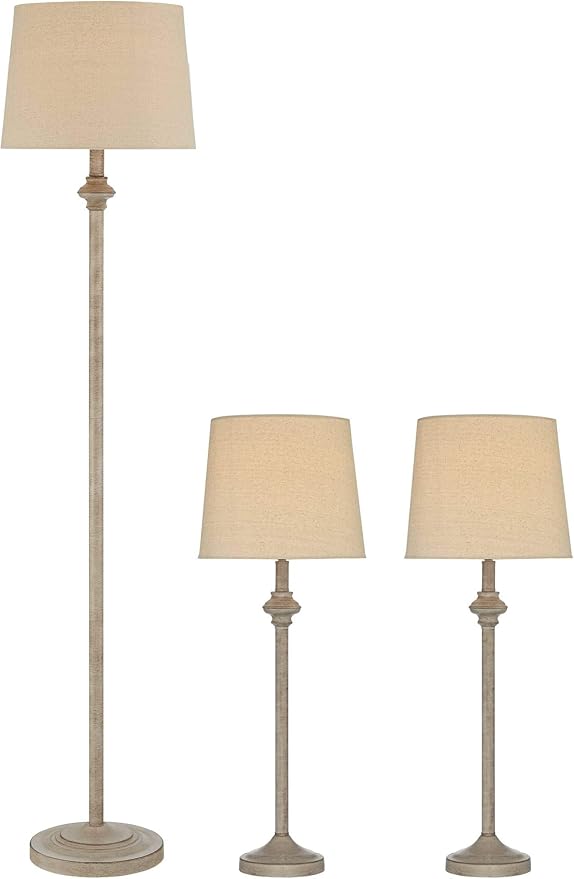 360 Lighting Carter Traditional 3 Piece Table Floor Lamp Set Beige Metal Cream Fabric Tapered Drum