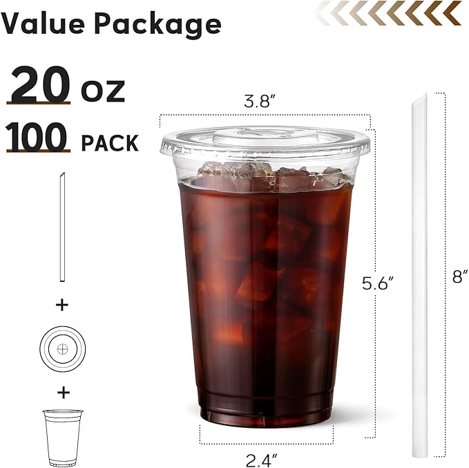 AOZITA 100 Pack 20 oz Disposable Plastic Cups with Lids and Straws, Clear Iced Coffee Cups for Cold