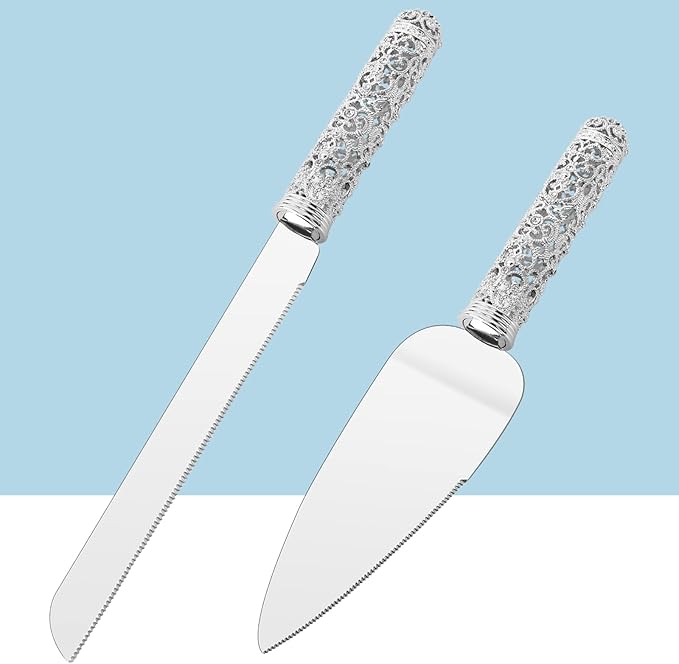 Wedding Silver Cake Knife and Server Set - 2 Pcs Dessert Set Metal Handle with Crystal Stones